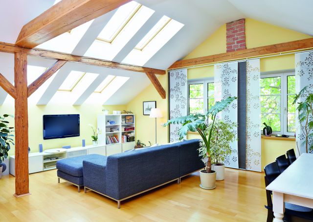 Gemütliche Dachwohnung mit Dachfenstern, blauem Sofa Fernseher, weißen Regalen und einigen Pflanzen. (Dachwohnungen brauchen Schutz)