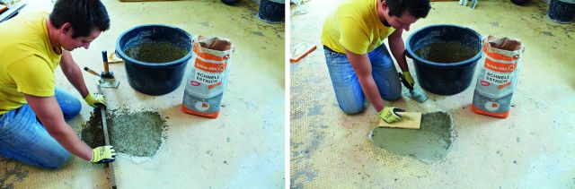 Ein Facharbeiter stellt die Fußbodensanierung her, mithilfe von Schnellestrich