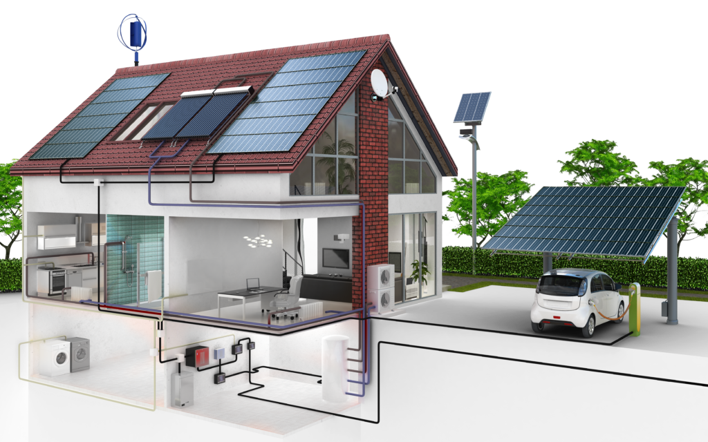 Abgebildet ist ein Haus, welches zu 100 Prozent mit erneuerbarer Energie versorgt ist.