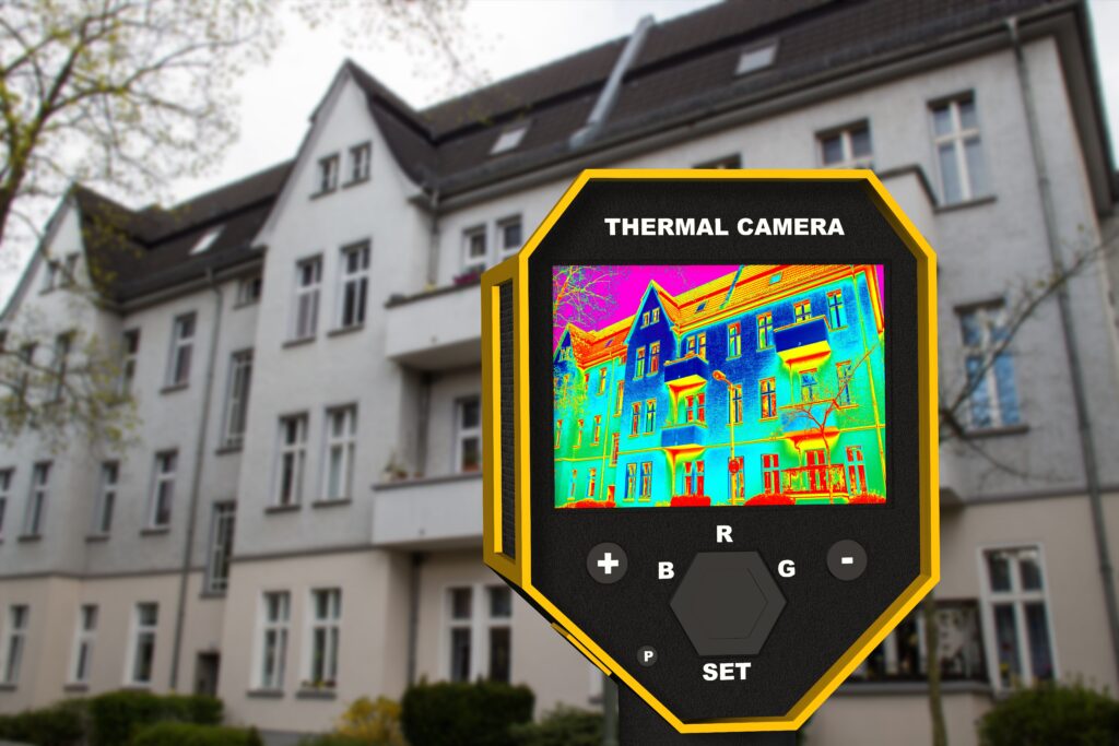 Wärmedämmung eines Hauses durch Thermal-Kamera ersichtlich.
