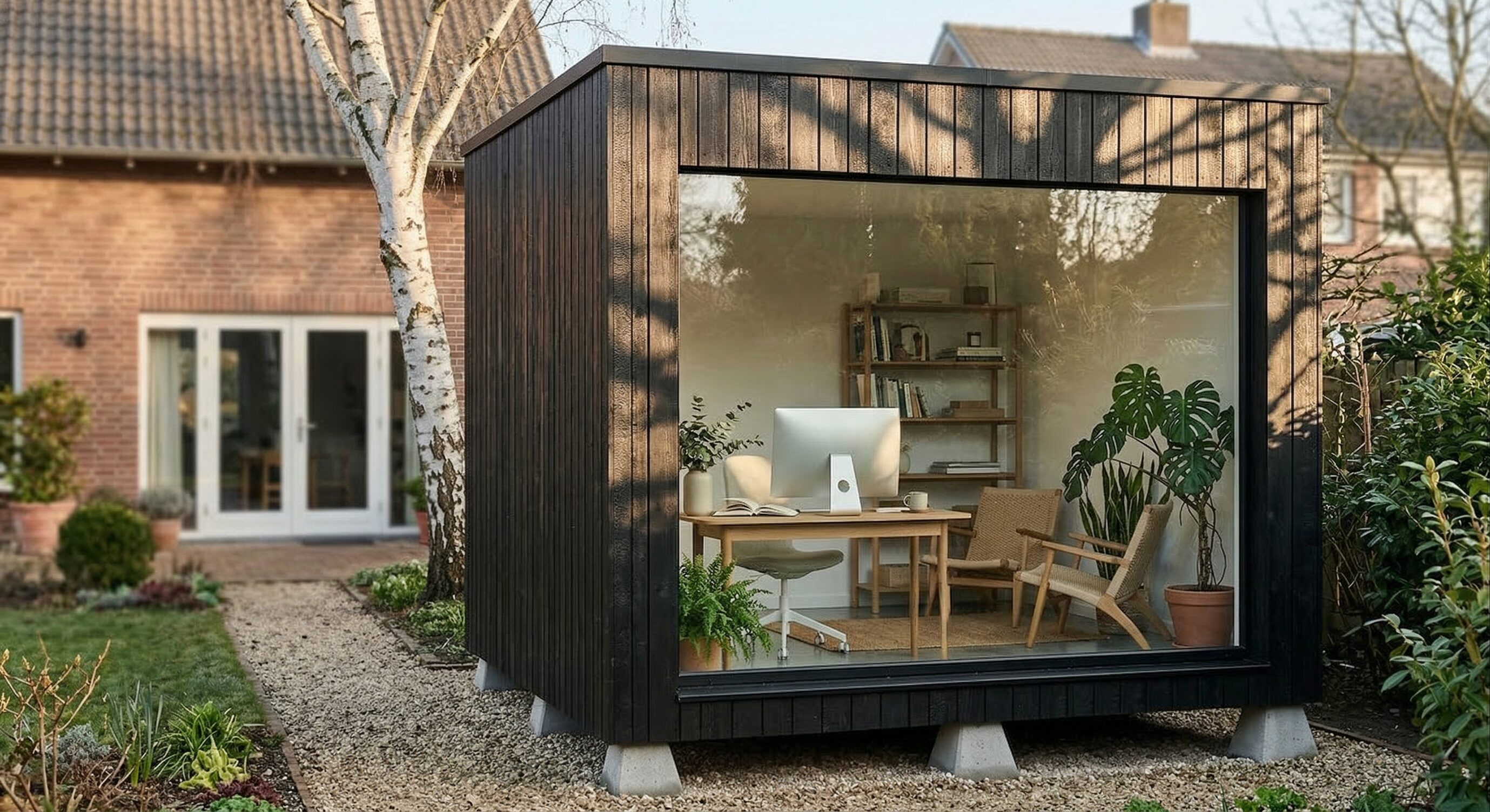 Blick in einen modernen Warmwintergarten mit bodentiefen Glaswänden und Glasdach. Innen eine gemütliche Sitzecke mit Sofa und Esstisch, große Zimmerpflanzen und warmes Nachmittagslicht, das durch die Verglasung auf den Betonboden fällt. Draußen ein grüner Garten.