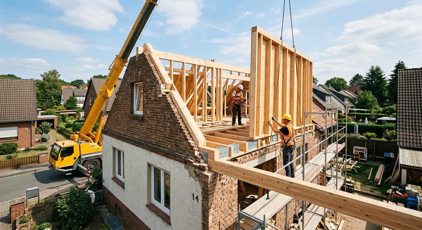 Einfamilienhaus während einer Aufstockung: Über dem bestehenden Mauerwerk wird eine neue Etage in Holzrahmenbauweise errichtet. Ein Mobilkran hebt ein vorgefertigtes Wandelement in Position, zwei Bauarbeiter mit Helmen führen die Montage durch.
