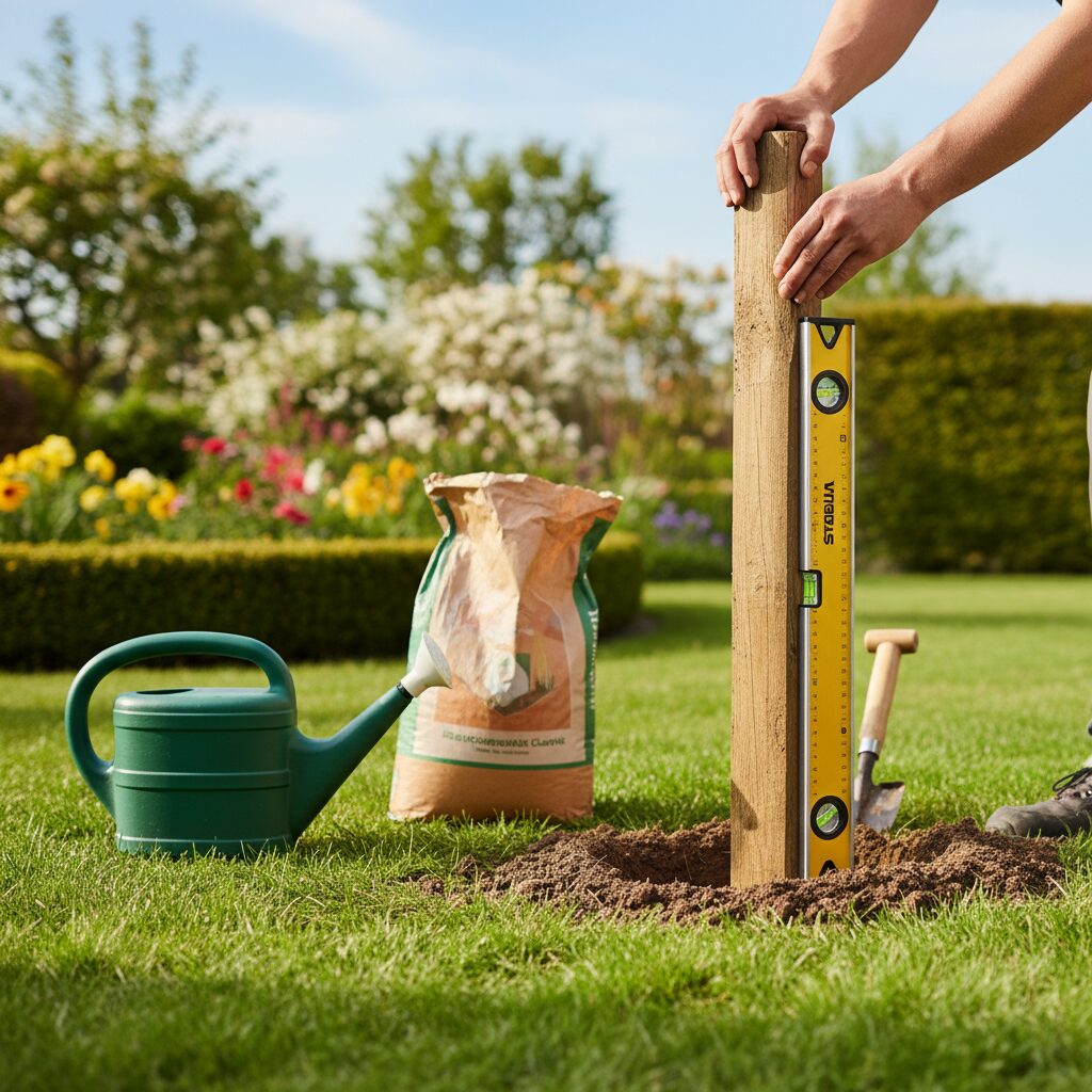 Eine Person richtet einen Holzpfosten für einen Gartenzaun mit einer Wasserwaage aus, bevor sie das Fundament gießt.