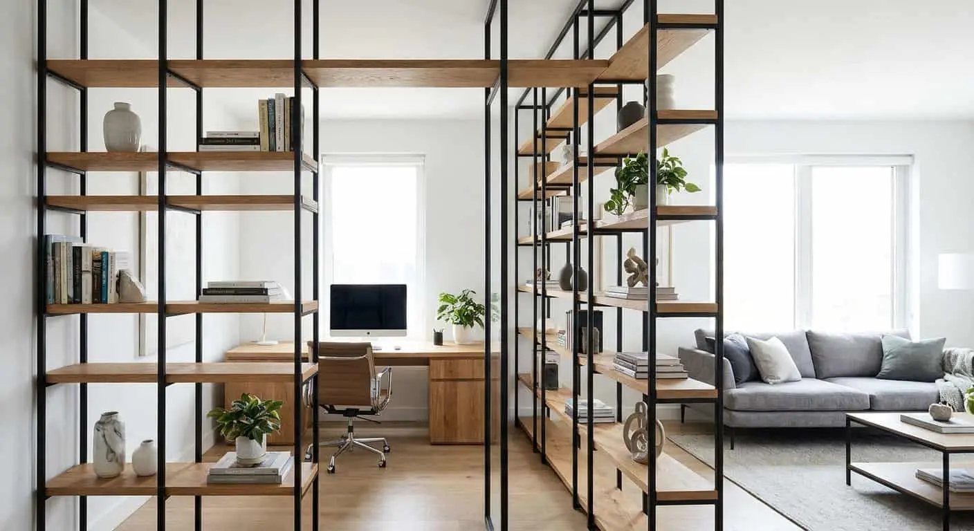 Raumhohe offene Regalwand aus schwarzem Stahl und Eichenböden trennt einen Wohnbereich von einem Homeoffice. Bücher, Pflanzen und Objekte von beiden Seiten zugänglich. Durch die Regale hindurch sind Schreibtisch und Sofa sichtbar. Helles Tageslicht von beiden Seiten.