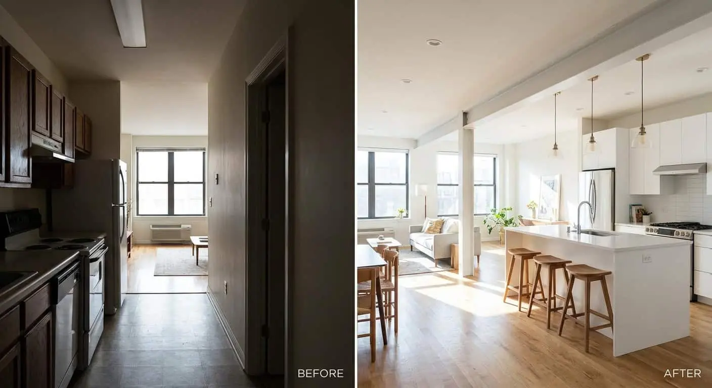 Geteiltes Bild: Links eine kleine, geschlossene Küche ohne Tageslicht, durch eine Wand vom Wohnzimmer getrennt. Rechts derselbe Raum nach dem Wanddurchbruch – offener Wohn-Koch-Bereich mit Kücheninsel, Barhocker und Licht, das vom Wohnzimmerfenster bis in die Küche reicht. Weißer Stahlträger an der Decke.