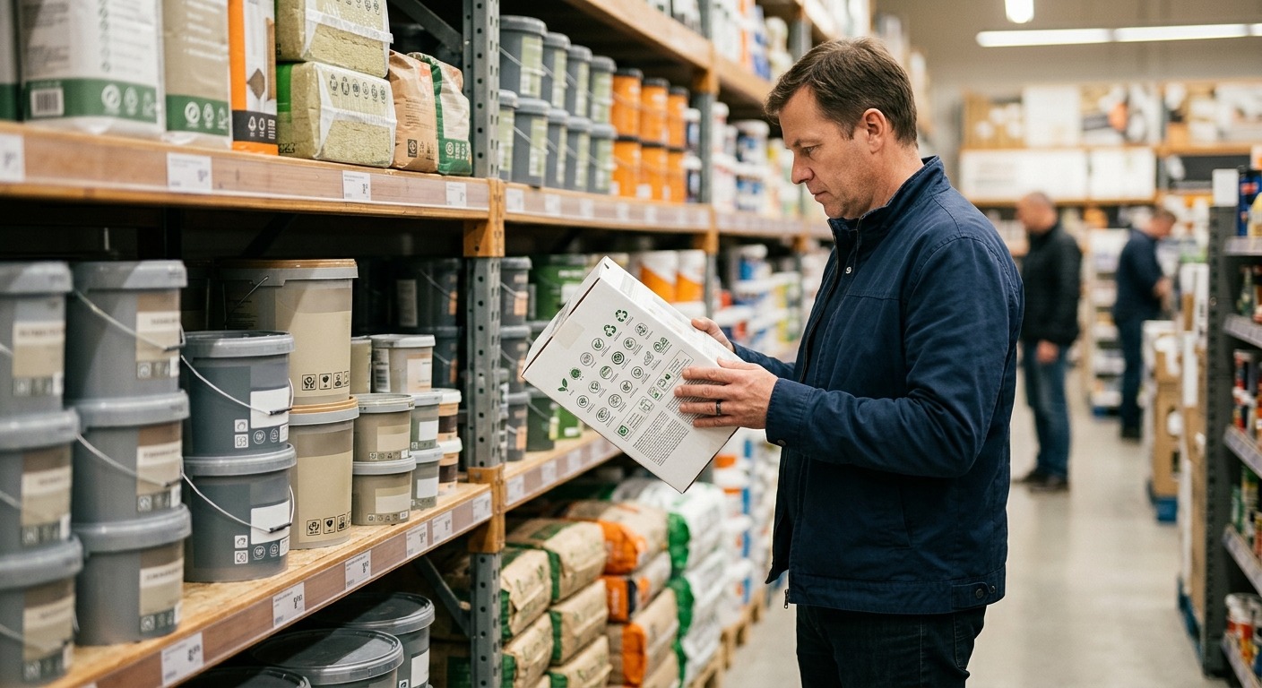 Kunde prüft Umweltkennzeichnungen auf einer Baustoff-Verpackung im Baumarktregal