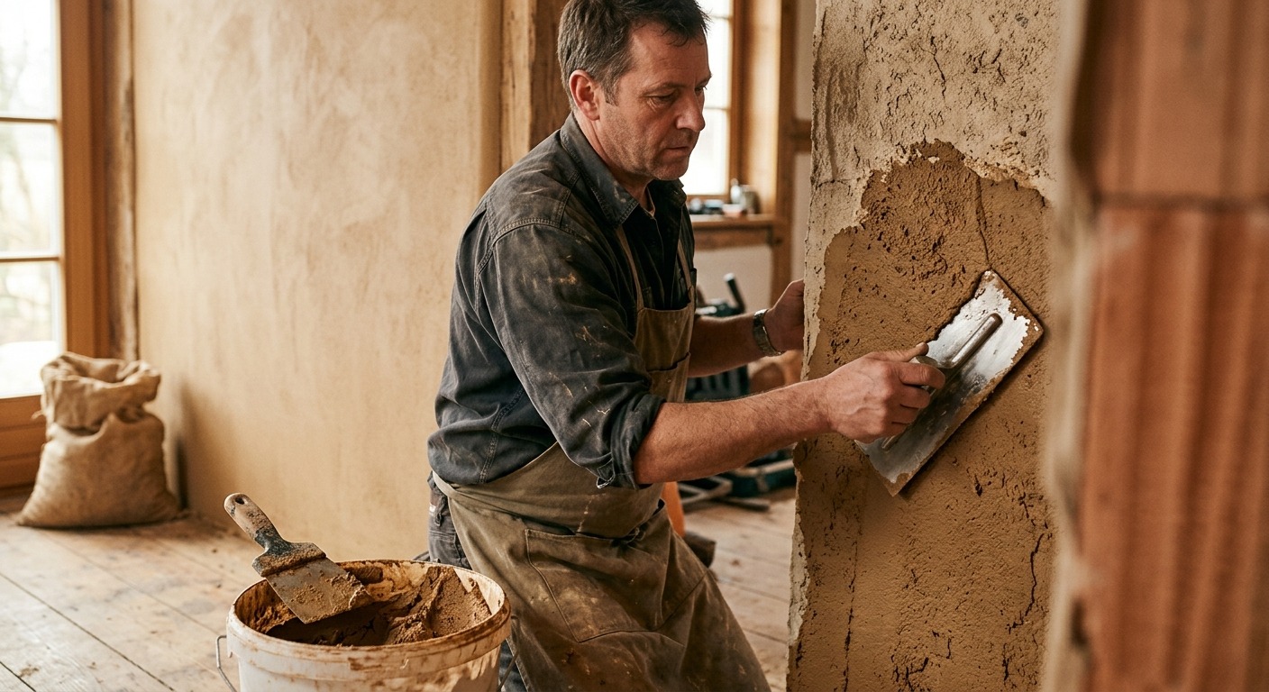 Handwerker trägt erdfarbenen Lehmputz mit der Glättkelle auf eine Innenwand auf