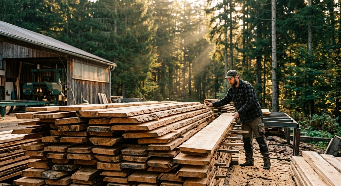 Regionales Sägewerk am Waldrand mit gestapelten Brettern aus heimischem Holz