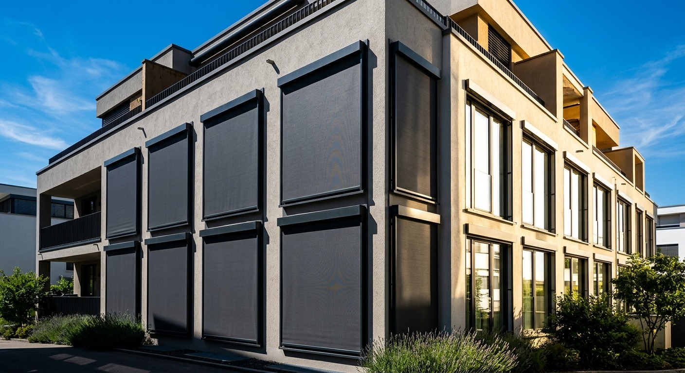 Hausfassade mit teils beschatteten, teils unbeschatteten Fenstern zeigt Wirkung von außenliegendem Sonnenschutz