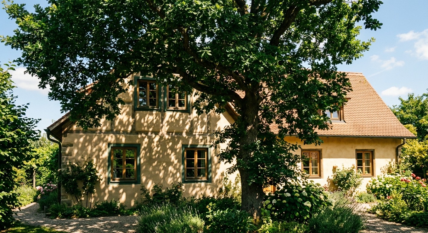 Großer Laubbaum wirft Schatten auf die sonnenbeschienene Südfassade eines Wohnhauses
