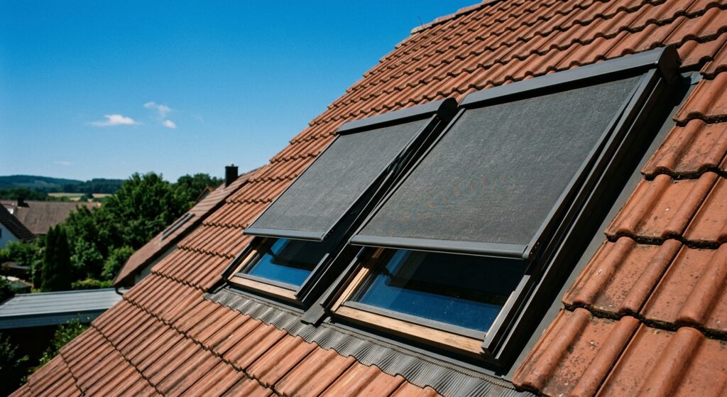 Dachfenster mit außenliegenden Hitzeschutz-Markisen auf einem sonnenbeschienenen Wohnhausdach