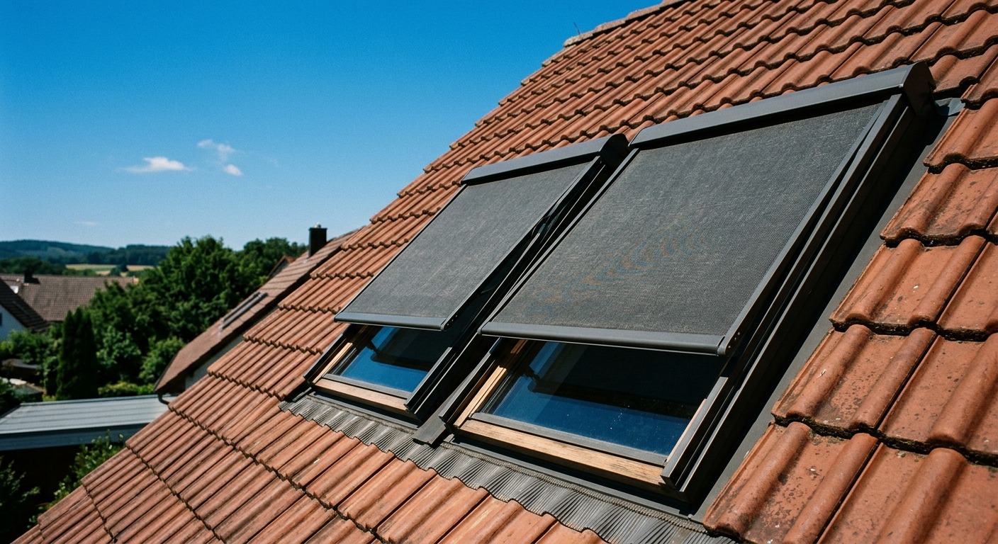 Dachfenster mit außenliegenden Hitzeschutz-Markisen auf einem sonnenbeschienenen Wohnhausdach