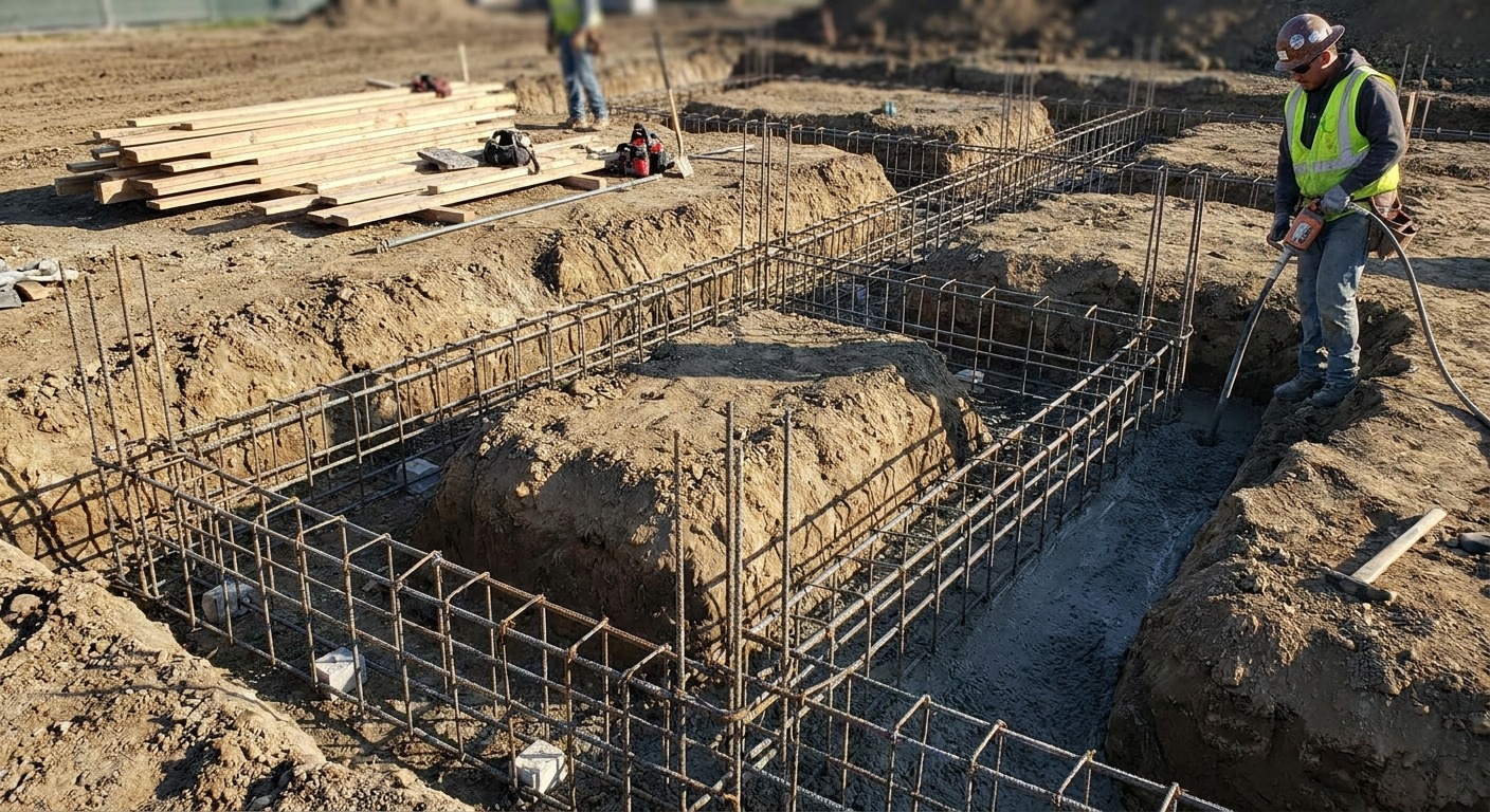 Bewehrte Streifenfundamente folgen als durchgehende Betonstreifen dem Hausgrundriss