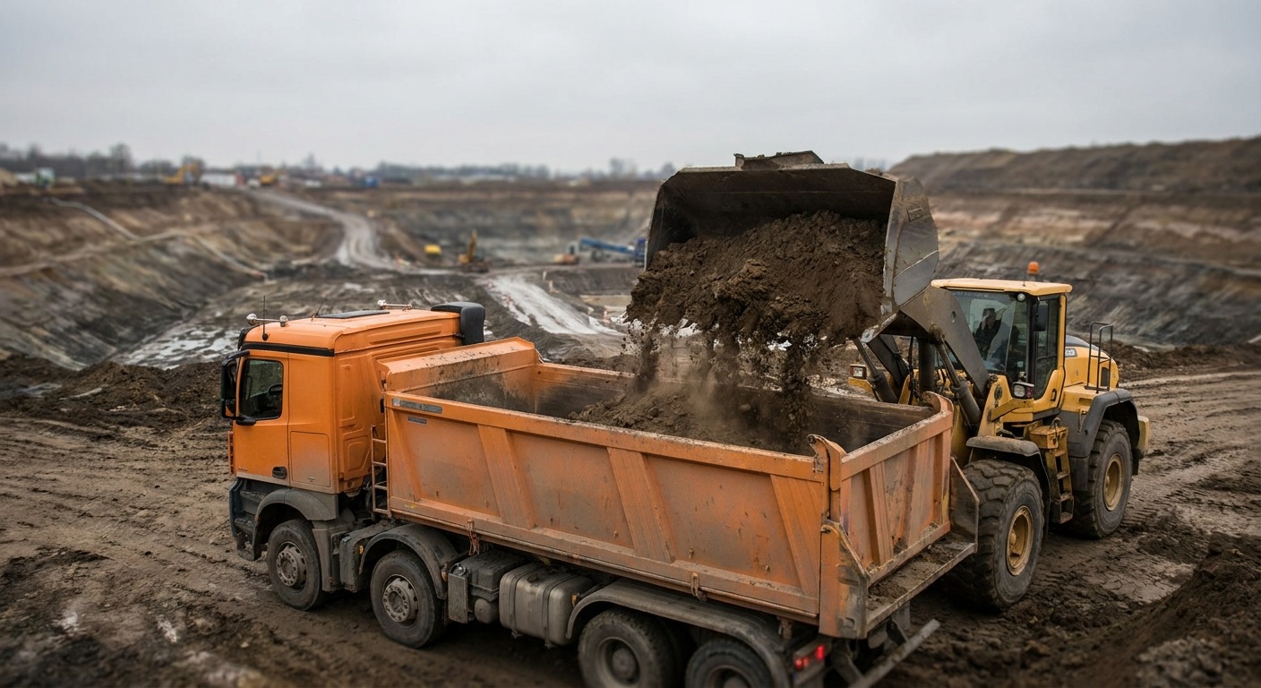 Radlader belädt Kipplaster mit Aushub zum Abtransport von der Baustelle