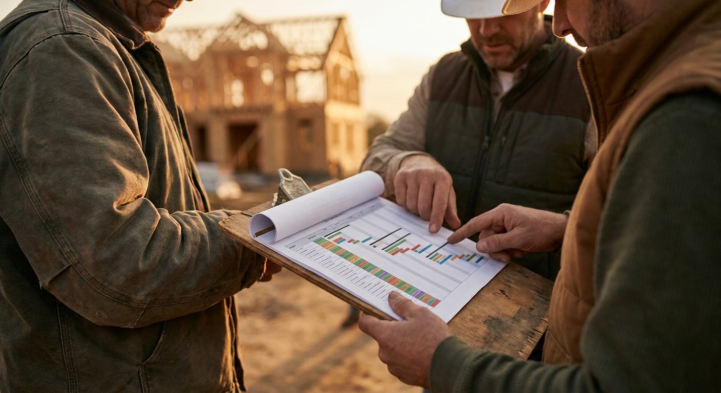 Bauherr und Bauleiter prüfen einen Bauzeitenplan als Balkenplan auf der Baustelle