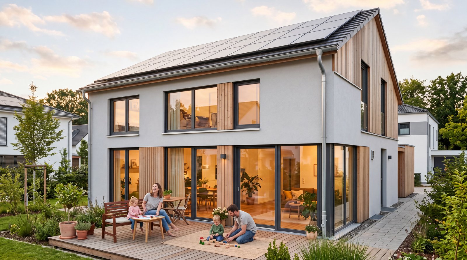 Modernes Einfamilienhaus mit großen Fenstern und Kunststofffensterprofilen, Familie auf der Terrasse in der Abenddämmerung