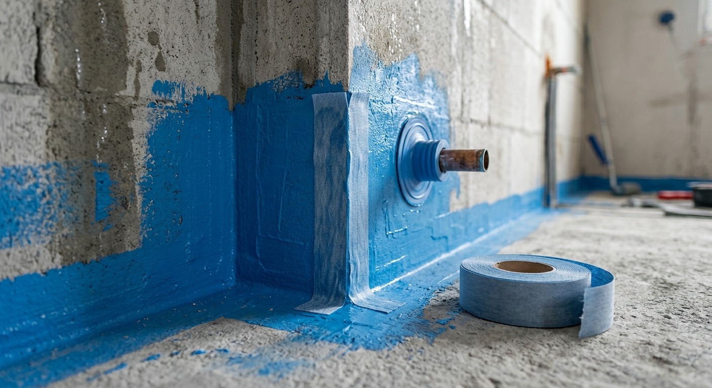 Blaue Verbundabdichtung in Duschnische mit eingearbeitetem Dichtband und Dichtmanschette am Rohr