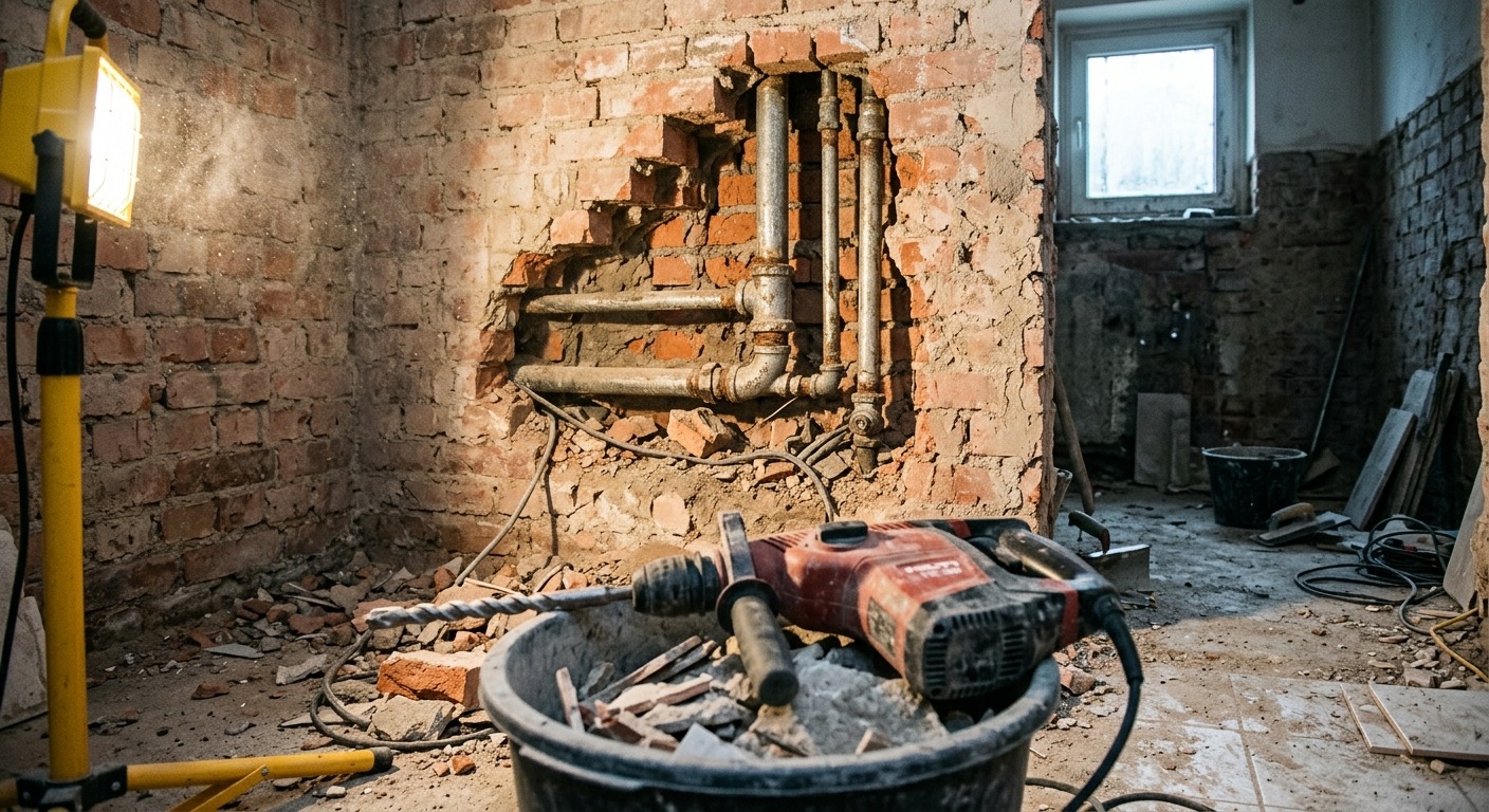 Zurückgebautes Badezimmer mit freiliegenden verzinkten Stahlleitungen in geöffneter Wandschlitzung beim Ablauf einer Badsanierung