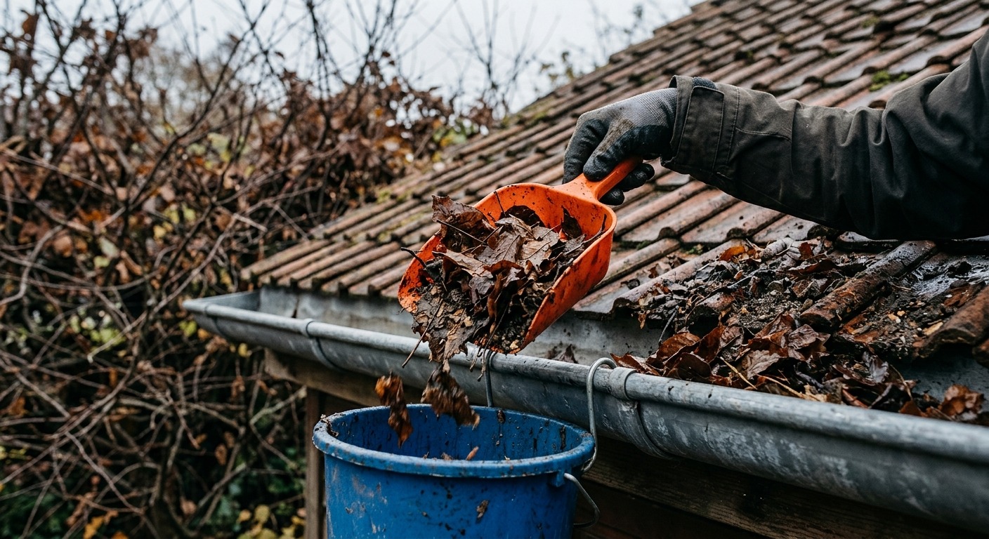 Behandschuhte Hände reinigen eine Dachrinne und räumen nasses Laub mit einer Kunststoffkelle aus