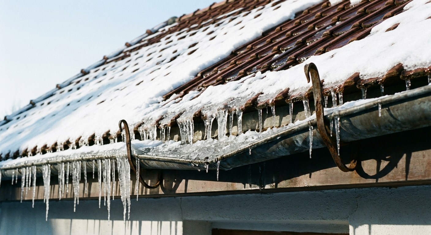 Vereiste Dachrinne mit Eiszapfen an der Traufe, darüber Schnee auf den Dachziegeln