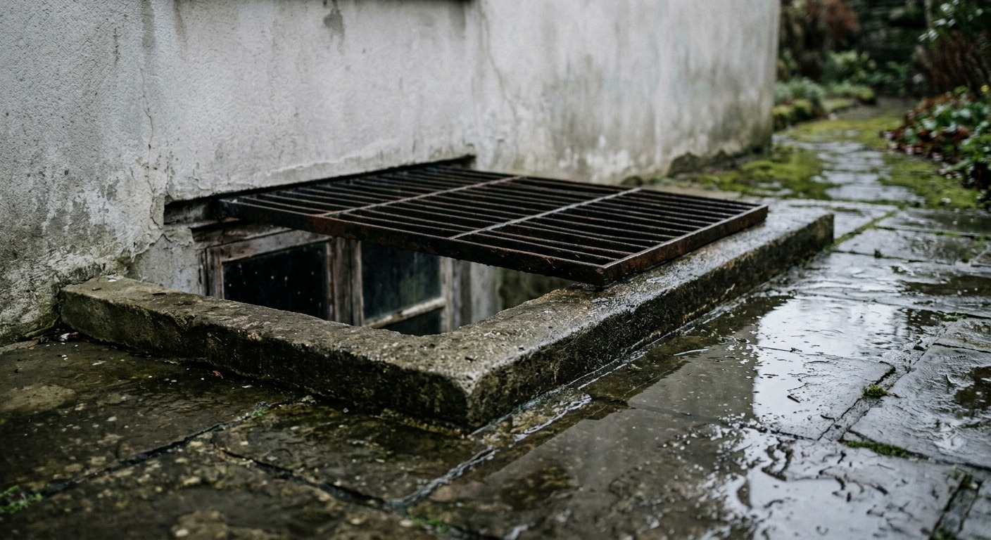 Lichtschacht mit erhöhtem Rand und Gitterabdeckung neben stehendem Wasser auf der Pflasterfläche