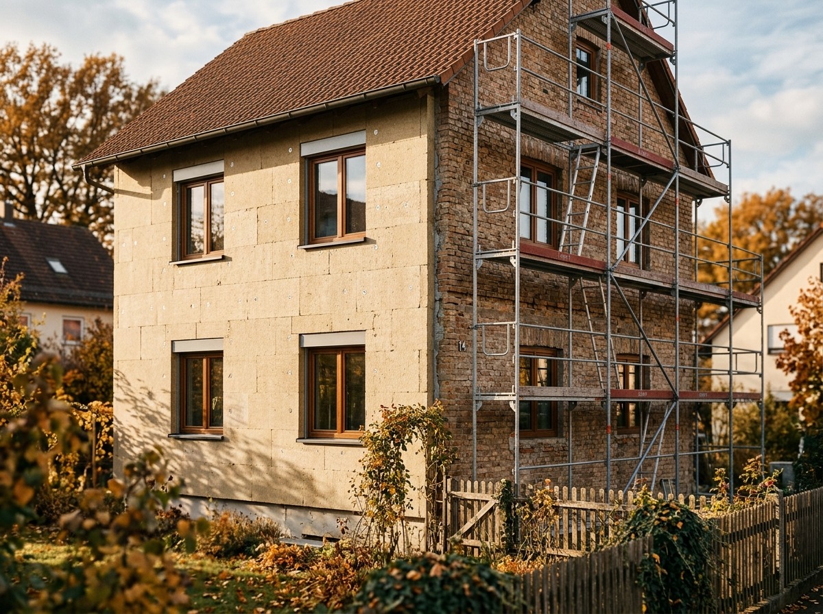 Einfamilienhaus während energetischer Sanierung mit halbfertiger Fassadendämmung, Gerüst und neuen Dreifachfenstern im warmen Nachmittagslicht.
