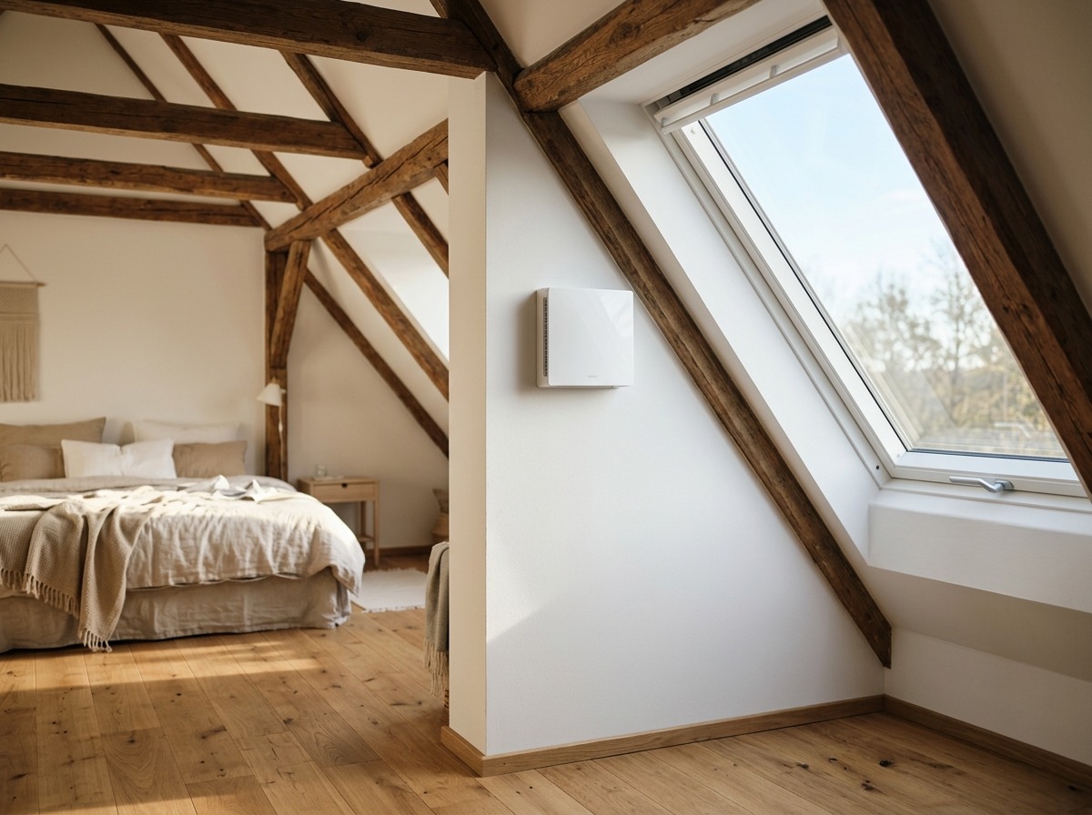 Sanierter Dachraum mit neuem Velux-Dachfenster und dezenter dezentraler Lüftungseinheit an der Außenwand im weichen Morgenlicht.