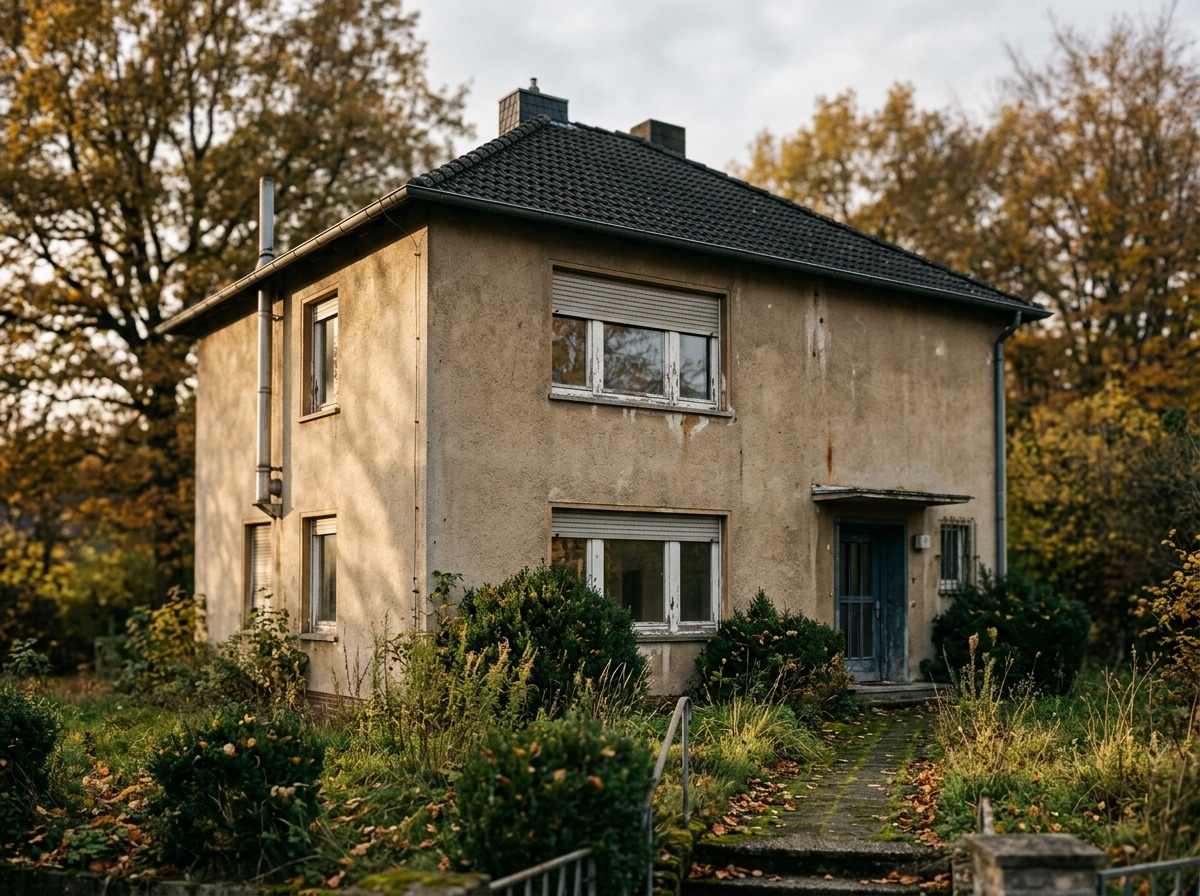 Sanierungsbedürftiges Einfamilienhaus aus den 1960er Jahren mit verwitterter Beige-Fassade, alten Holzfenstern und ungepflegtem Vorgarten im warmen Herbstlicht.