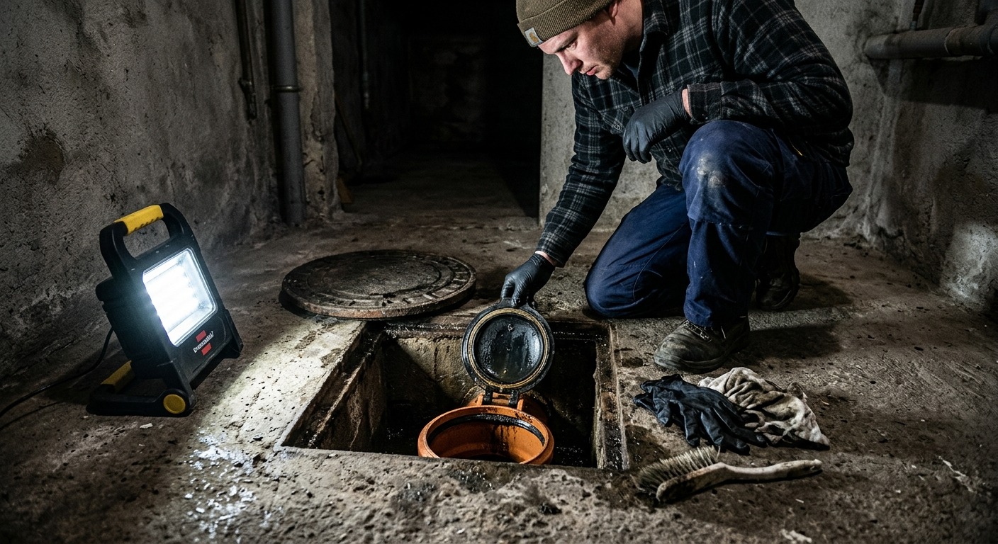 Geöffneter Rückstauverschluss im Kellerboden mit sichtbarer Klappe und Dichtung als Teil des Rückstauschutzes im Haus