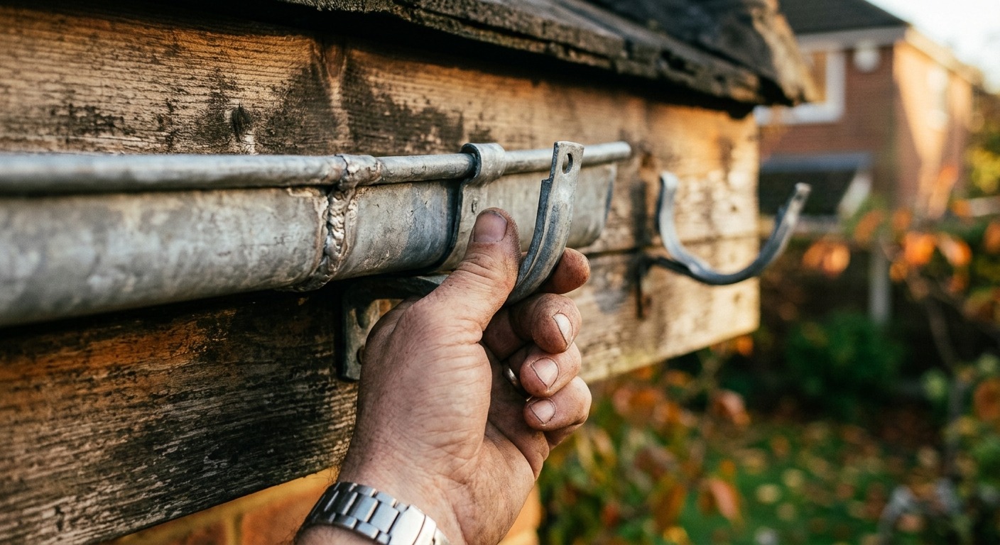 Hand prüft einen Rinnenhalter an der Traufe, daneben ein verbogener Halter und eine Lötnaht