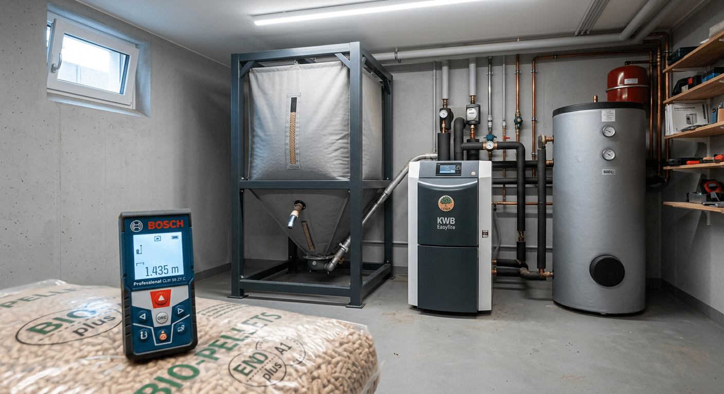 Aufgeräumter Heizungskeller mit Gewebesilo für Pellets, Pelletkessel und Pufferspeicher