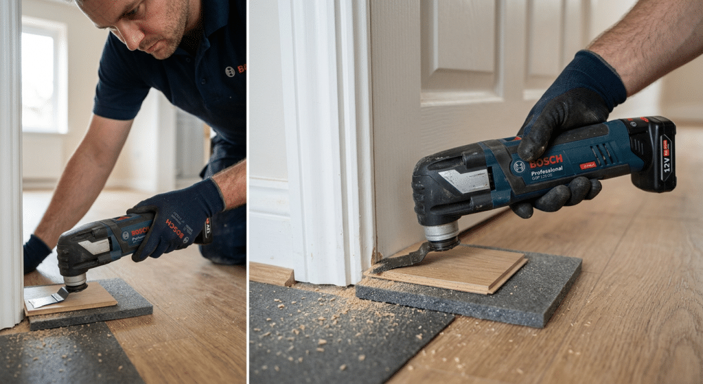 Erste Laminatreihe mit Abstandskeilen an der Wand