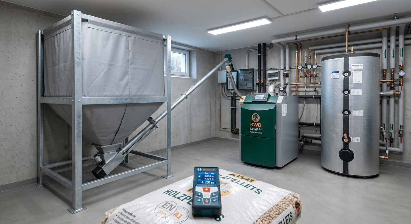 Aufgeräumter Heizungskeller mit Gewebesilo für Pellets, Pelletkessel und Pufferspeicher