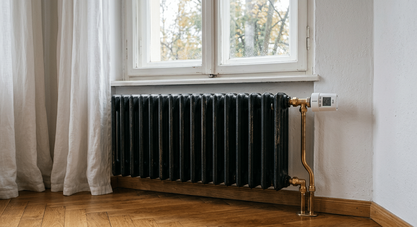 Gussheizkörper mit Thermostat unter einem hohen Fenster in einem Altbau-Wohnzimmer