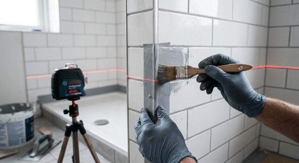 Behandschuhte Hände streichen Abdichtung über Dichtband in eine Duschecke, ein Laser markiert die Höhe