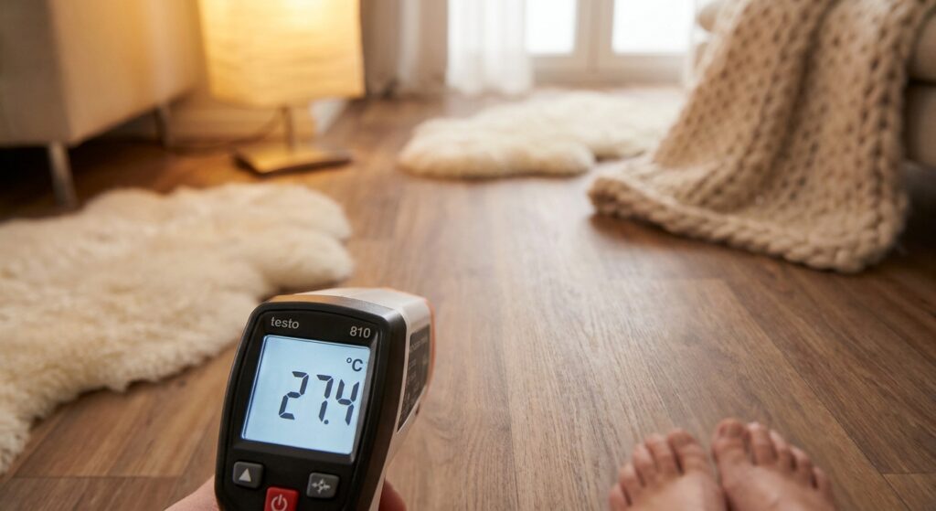 Infrarotthermometer misst die Temperatur eines Vinylbodens in einem warmen Wohnzimmer