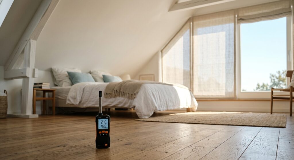 Helles Dachzimmer mit Thermo-Hygrometer auf dem Boden, draußen scheint grelle Sommersonne